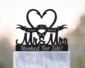 Custom hooked for life  cake topper mr and mrs wedding,fish hook fishing theme names cake topper heart,fishing wedding mr mrs topper,a440