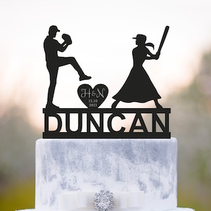 Custom baseball wedding cake topper,baseball player last name wedding cake topper initials,baseball theme bride groom wedding topper,a418