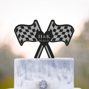 Custom checkered flag racing party wedding personalized heart engagement topper,drag racing flags mr and mrs wedding cake topper,a399
