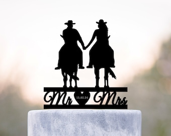 Cowboy & Cowgirl Wedding Cake Topper With Dog – Black Acrylic Mr & Mrs Topper For Anniversary, Bridal Shower