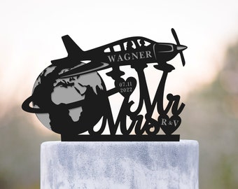 Airplane travel themed wedding cake topper,around the world wedding theme cake topper,Pilot wedding cake topper,aviation wedding topper,a574