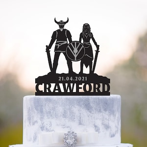 Custom viking couple pagan wedding last name cake topper,viking barbarian wedding funny surname topper,viking love cake topper wedding,a415