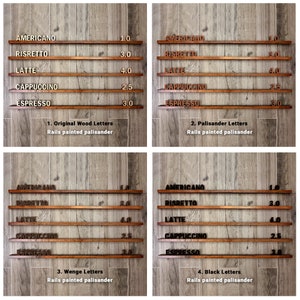 Op de afbeelding: Vier verschillende houten borden met een koffiemenu. De borden zijn gemaakt van donker hout met verschillende lettertypen. Het eerste bord heeft originele houten letters, het tweede heeft palissander letters, het derde heeft weng&eacute; letters en het vierde heeft zwarte letters. De borden tonen de prijzen voor Americano, Risretto, Latte, Cappuccino en Espresso.