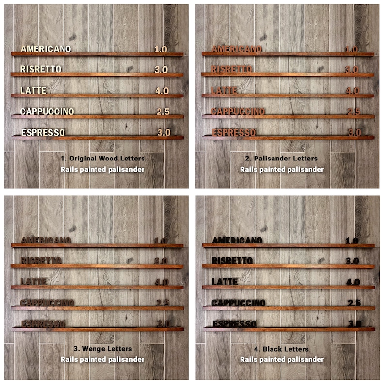 Op de afbeelding: Vier verschillende houten borden met een koffiemenu. De borden zijn gemaakt van donker hout met verschillende lettertypen. Het eerste bord heeft originele houten letters, het tweede heeft palissander letters, het derde heeft weng&eacute; letters en het vierde heeft zwarte letters. De borden tonen de prijzen voor Americano, Risretto, Latte, Cappuccino en Espresso.