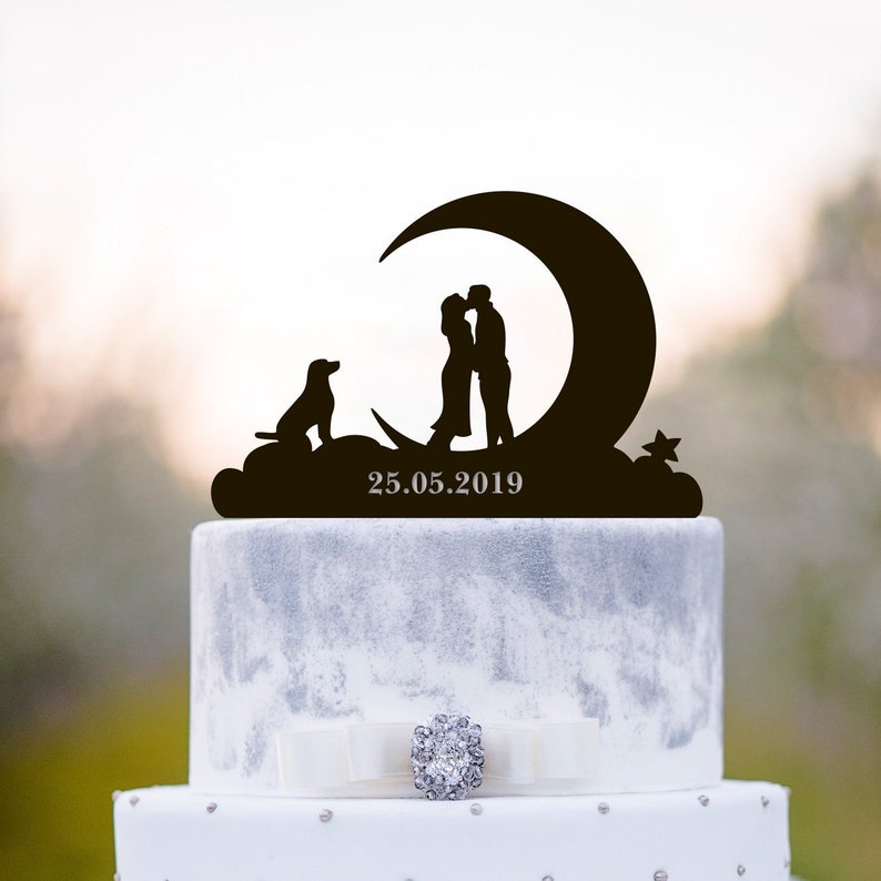 Moon cake topper,golden retriever cake topper,mr and mrs wedding cake topper with dog,Moon wedding cake topper,labrador cake topper,a214 image 1