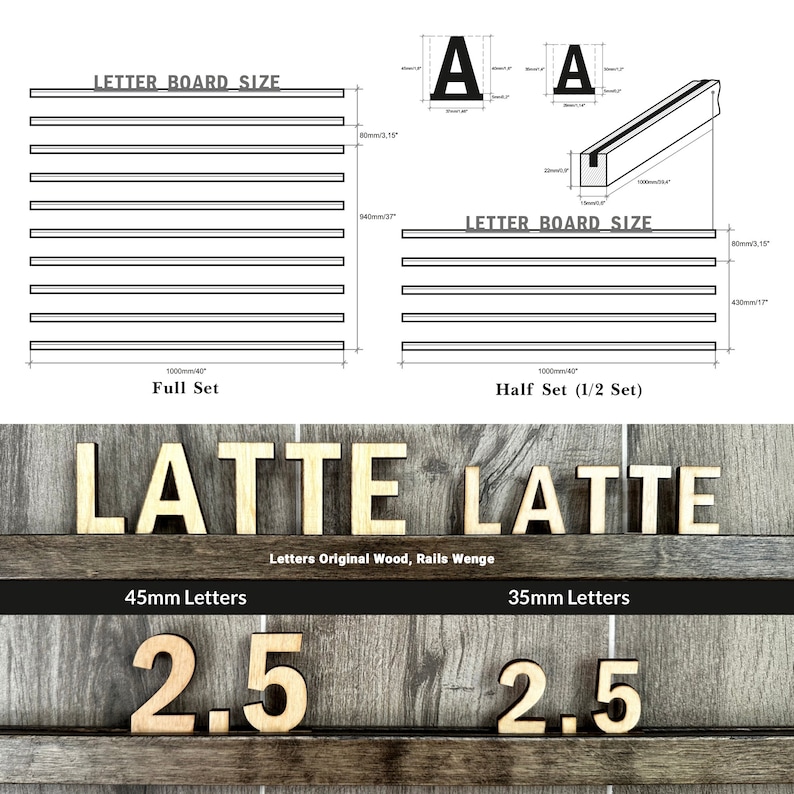 Op de afbeelding: Houten lettertegels die het woord "LATTE" spellen in twee maten, 45 mm en 35 mm. De letters zijn gemaakt van natuurlijk hout met een donkerbruine afwerking. De tegels worden weergegeven op een houten oppervlak.