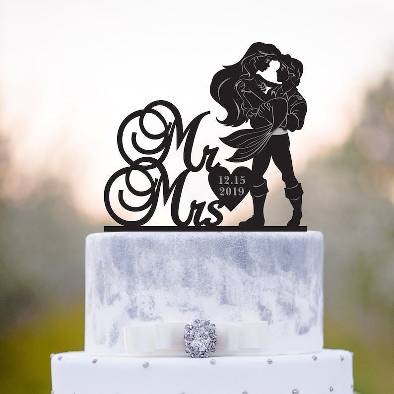 Mermaid wedding cake topper,mermaid cake topper,prince wedding cake topper,Fairytale wedding cake topper,princess and prince cake topper,a60 image 1