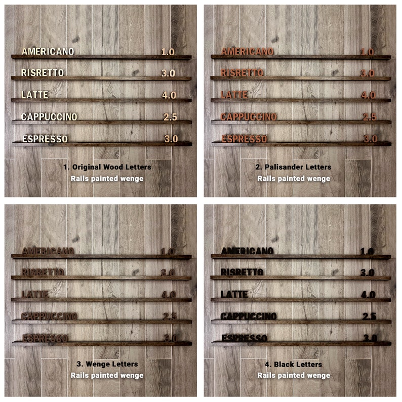 Op de afbeelding: Vier verschillende stijlen van houten koffiemenu-borden met prijzen voor Americano, Risretto, Latte, Cappuccino en Espresso. De borden zijn gemaakt van verschillende soorten hout en lettertypen. Het eerste bord heeft originele houten letters met rails die in weng&eacute; zijn geverfd. Het tweede bord heeft Palisander-letters met rails die in weng&eacute; zijn geverfd. Het derde bord heeft Wenge-letters met rails die in weng&eacute; zijn geverfd. Het vierde bord heeft zwarte letters met rails die in weng&eacute; zijn geverfd.