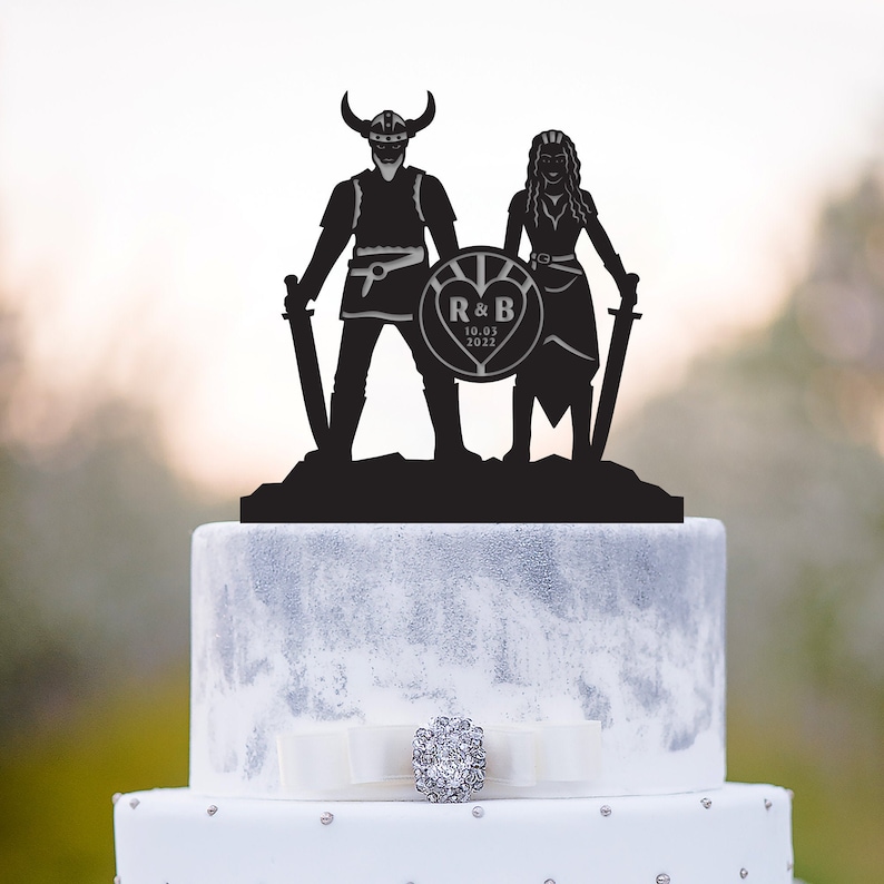 Custom viking couple initials cake topper wedding,viking barbarian wedding funny personalized topper,viking love cake topper wedding,a416 image 1