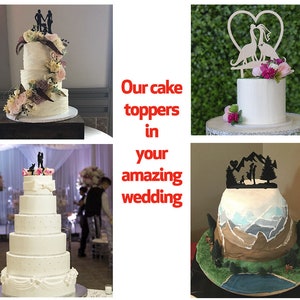 May include: Four wedding cakes with different cake toppers. The toppers include a couple with a dog, a couple kissing, a couple with a mountain scene, and a couple with dinosaurs. Our cake toppers in your amazing wedding.