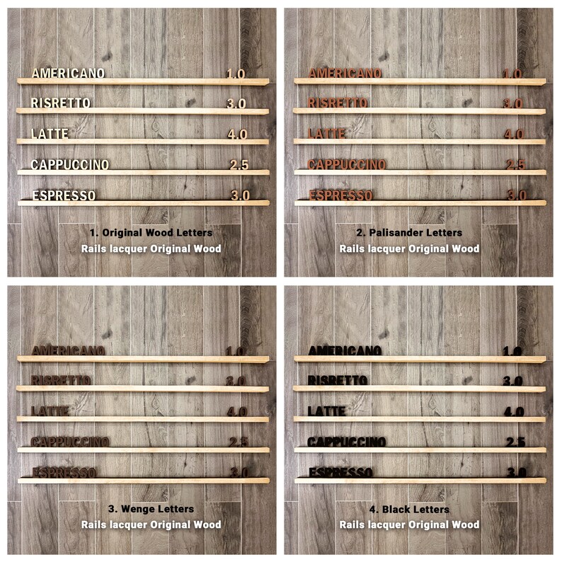 Op de afbeelding: Vier houten planken met verschillende soorten houten letters die de namen van koffiedrankjes spellen: Americano, Risretto, Latte, Cappuccino en Espresso. Elke plank heeft een prijskaartje naast de naam van de drank. De planken zijn gelabeld met het type hout dat voor de letters is gebruikt: Origineel hout, Palisander, Wenge en Zwart.