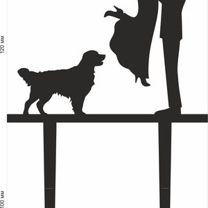 May include: Black silhouette of a couple holding each other, the woman is being lifted by the man. A black silhouette of a dog is standing to the left of the couple. The couple and dog are standing on a black platform with two black support posts.