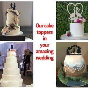 May include: Four wedding cakes with different cake toppers. The toppers include a couple with a dog, a couple kissing, a couple with a mountain scene, and a couple with dinosaurs.
