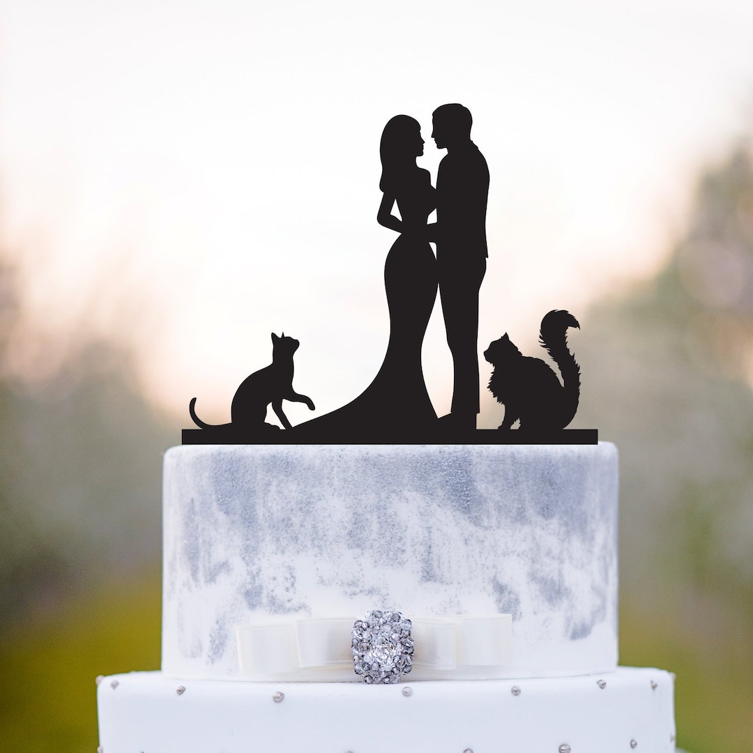 Cat Wedding Topper,couple Cake Topper With Cat,bride Groom Topper With