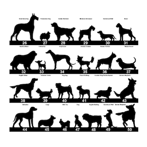May include: Black and white silhouette illustrations of various dog breeds, numbered 26 through 50. The dog breeds are listed above each silhouette.