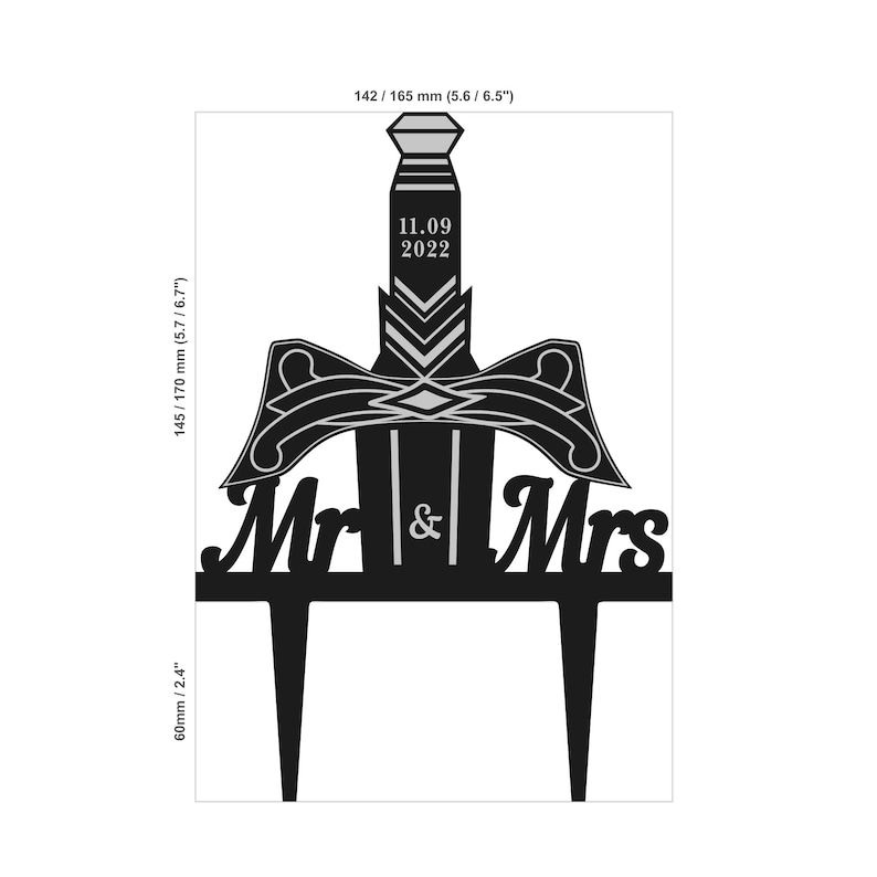 May include: Black and silver wedding cake topper featuring a sword with a knot design and the words "Mr & Mrs" with the date "11.09 2022" on the sword.