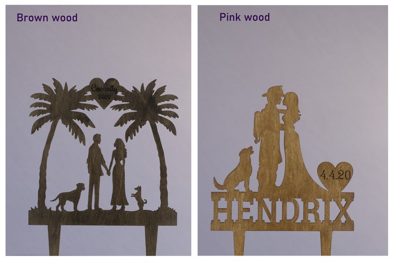 May include: Two wedding cake toppers, one with a couple standing under palm trees and the other with a couple holding each other. Both toppers feature a dog and the text "Connelly 2020" and "Hendrix 4.4.20".