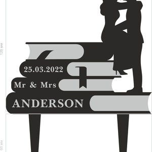 May include: Black silhouette of a couple kissing on top of a stack of books. The books are labeled with the date "25.03.2022", "Mr & Mrs", and "ANDERSON".