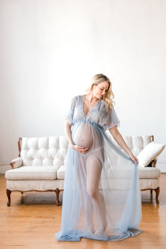 BEADED MATERNITY ROBE for Maternity Photo Shoot, Boudoir Photo Shoot,  Maternity Lingerie, Dusty Blue Beaded Maternity Gown for Photography 