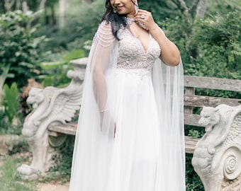 BEADED BRIDAL CAPE Wedding day cloak, bridal cover up, crystal rhinestone beaded tulle cape, gift for bride, wedding cape, wedding cloak