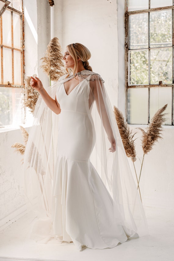Cathedral Length Tulle Wedding Cape with Imitation Crystal Shoulder Tulle Cape with Scattered Crystal Embellishment | David main image 4