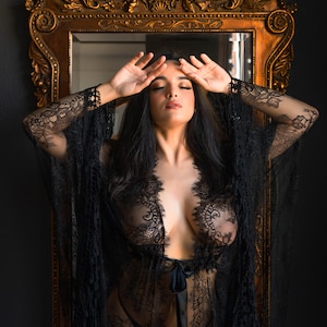 BLACK LACE CAFTAN for wedding day, boudoir photo shoot, over lingerie on your wedding night, for a maternity photo shoot, honeymoon ligerie