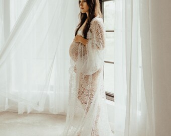 LACE MATERNITY ROBE for maternity photo shoot, Mother To Be Eyelash Lace Gown for Boudoir Photo Shoot, Sheer Sexy maternity lingerie gift