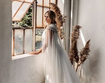 Beaded Bridal Cape: Crystal Rhinestone Tulle Wedding Cloak