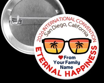 2026 Eternal Happiness Convention Pinback Button: San Diego Beach Theme, Personalized JW Gift Sunglasses