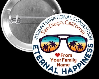 2026 Eternal Happiness Convention Pinback Button: San Diego Beach Theme, Personalized JW Gift Sunglasses