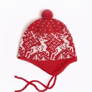 Reindeer Wool Kid's Hat, Knit Children's Beanie, Baby Girl Warm Pompom Hat, Toddler Boy Warm Hat With Laces, Cute Fleece Lining Winter Hat