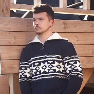 Rib Knit Men&#39;s sweater, Wool Jumper for Men with Nordic Pattern