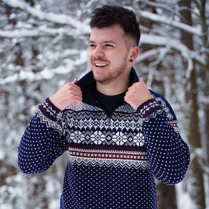 Nordic Men&#39;s Wool Sweater, Zipper Neck Sweater, Christmas Sweater