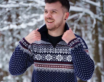 Nordischer Unisex Wollpullover, Pullover mit Reißverschlusshals, Weihnachtspullover