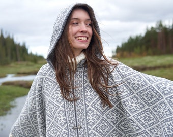 Traditional Wool Poncho, Knitted Woolen Poncho With Ornament, Hooded Poncho