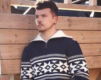 Rib Knit Men's sweater, Wool Jumper for Men with Nordic Pattern