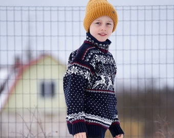 Wool Kids Cardigan With Reindeers, Christmas Sweater For Kids, Holiday sweater