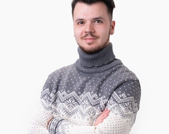 Wool Turtleneck Sweater For Men, Knitted High Neck Sweater