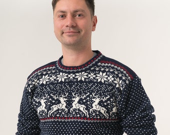 Wool Sweater With Reindeers For Men, Knitted Men's Sweater With Crew Neck, Christmas Sweater