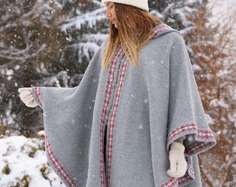 Knitted Poncho with Hood, Wool Hooded Poncho