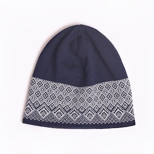 Merino Wool Unisex Hat, Knitted Wool Beanie, Hat with Estonian Ornament, Winter Natural Style Traditional Hat, Warm Christmas Gift For Him