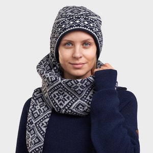 Wool Hat Scarf Set: Knitted Estonian Headpiece with Ornament