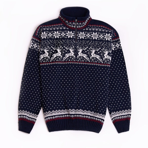 Wolle gestrickt Pullover mit Rentieren, Weihnachtsgeschenk, Pullover mit Reißverschluss für Männer