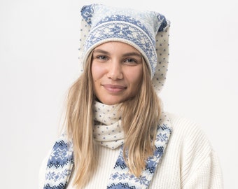 Wool double long hat with jacquard, Traditional long hat, Knitted Hat and Scarf Set