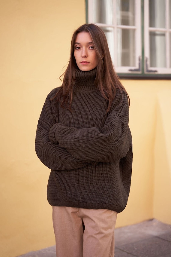 Alpaca Wool Oversized Sweater, Women's Knitted Turtleneck Sweater