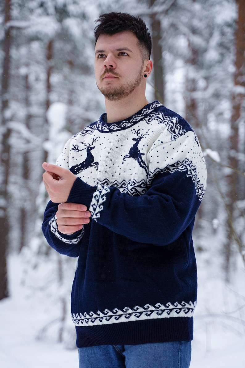 Navy blue oversized Christmas sweater with reindeers for men made of wool