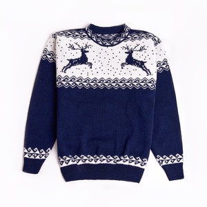 Navy blue oversized Christmas sweater with reindeers for men made of wool