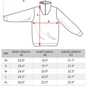 May include: A size chart for a garment with measurements in inches for body length, chest width, and sleeve length. The chart includes sizes XS, S, M, L, XL, XXL, and 3XL.