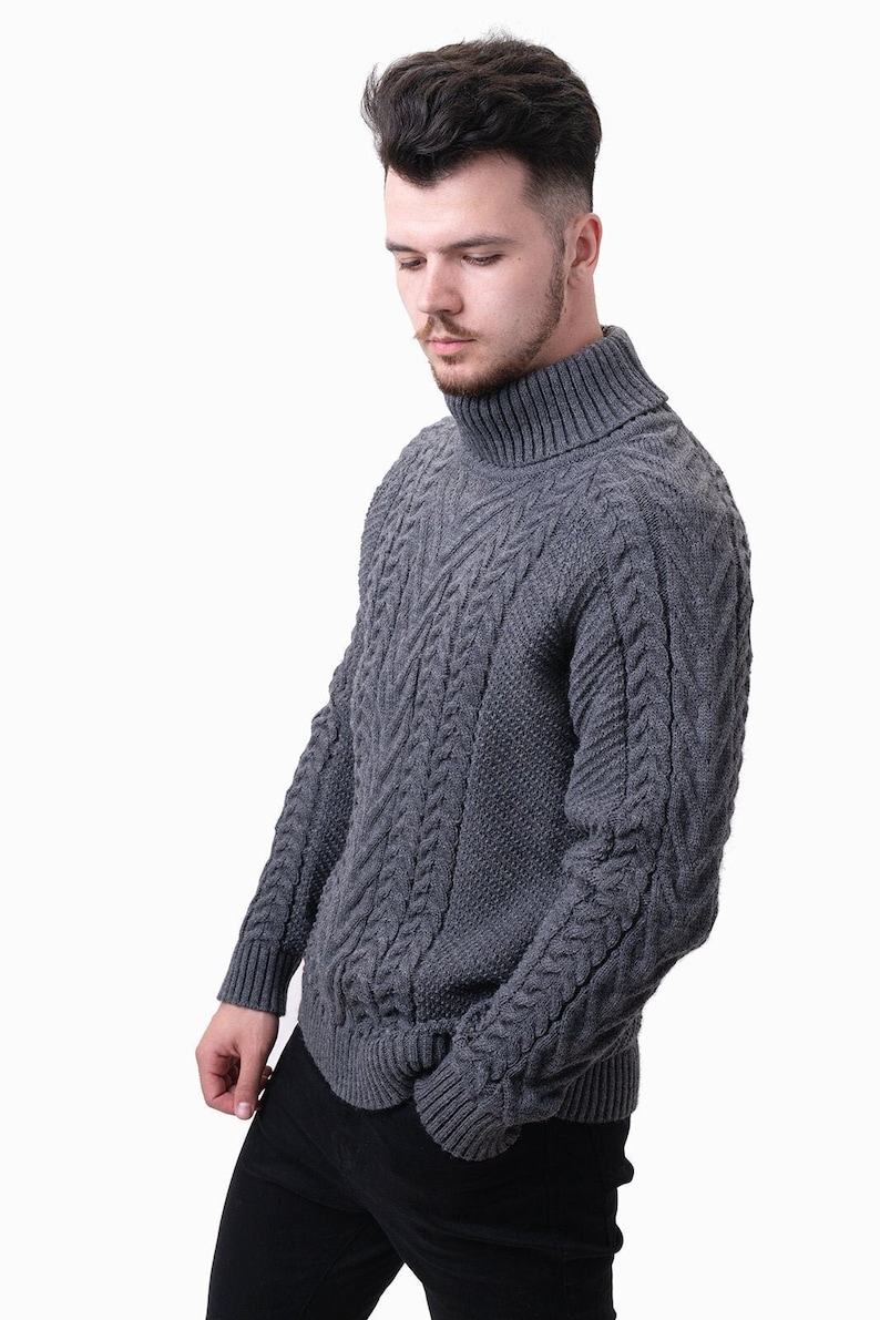 wool sweater for men, grey knitted sweater with turtleneck