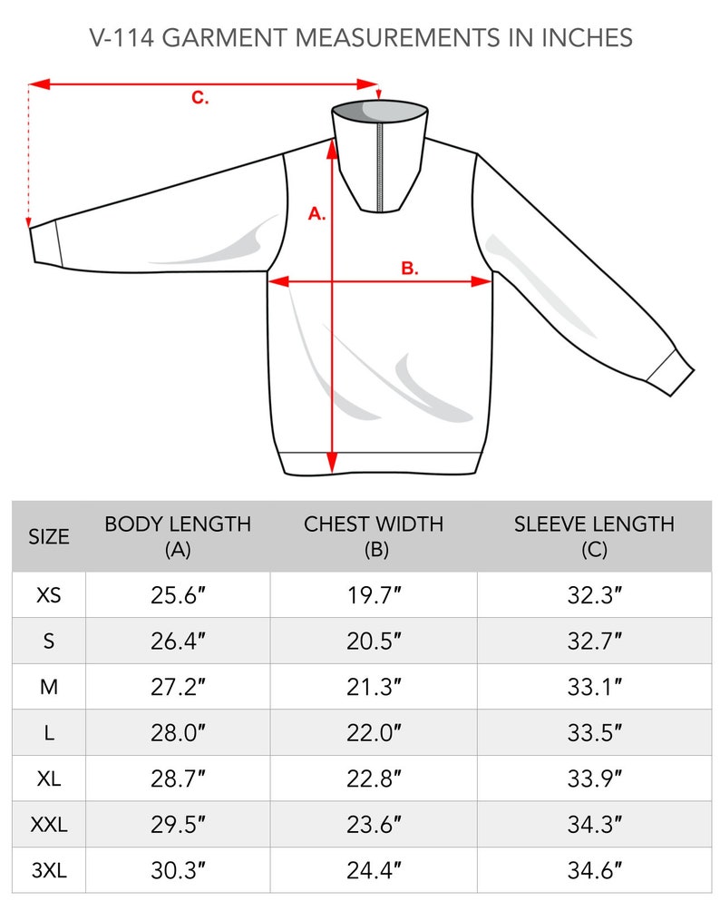 Peut inclure: Un tableau des tailles pour un v&ecirc;tement avec des mesures en pouces pour la longueur du corps, la largeur de la poitrine et la longueur des manches. Le tableau comprend les tailles XS, S, M, L, XL, XXL et 3XL.